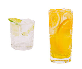Refreshing summer drinks served in clear glasses with citrus fruits