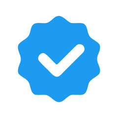 Blue verified badge with check mark icon symbol for approval and trust.