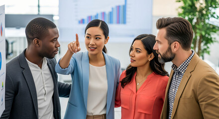 Obraz premium Diverse Team Analyzing Data Charts in Modern Office