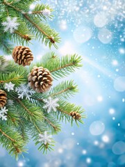 Fir tree branch with snowflakes and pinecones in a winter scene