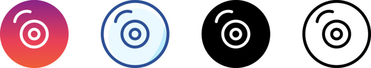 CD and DVD disk icons in outline, solid, and gradient designs. Suitable for music apps, retro technology branding, media collections, and storage illustratio