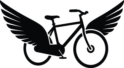 Bicycle with Wings. Black Silhouette of a Bicycle with Large, Spread Wings, Symbolizing Freedom, Speed, and Eco-Friendly Travel. Creative Vector Illustration on a White Background.