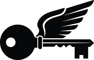 Dynamic classic key with a wing vector graphic design. A vintage logo concept symbolizing swift access and the key to a fast solution or success. Ideal for security or travel branding.