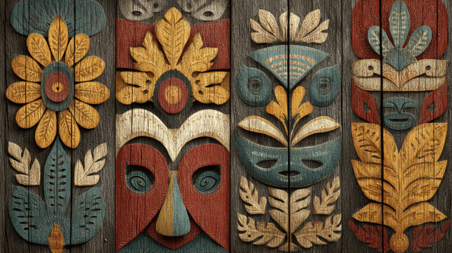 Detailed Carved Wooden Tiki Totems with Floral and Mask Design, Featuring Intricate Wood Grain Texture, Warm Earthy Tones, and Cultural Artistry for Decorative Backgrounds and Artistic Projects