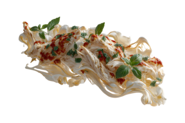 Delicious burrata salad with tomato sauce and basil leaves against transparent backdrop