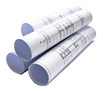 rolls of architectural drawings papers isolated on white