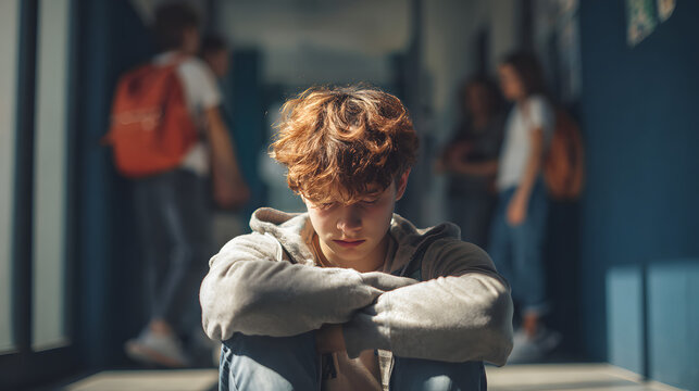 Upset boy, teenager, sitting at school after being bullied by classmates. School bullying.