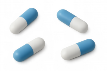 Blue and white medication capsules tumbling through transparent space, depicting pharmaceutical product scattered midair