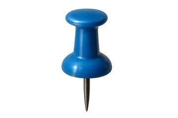 Blue push pin pointing downward icon, shiny plastic head, metallic tip detail, isolated on transparent background, PNG effect push pin illustration