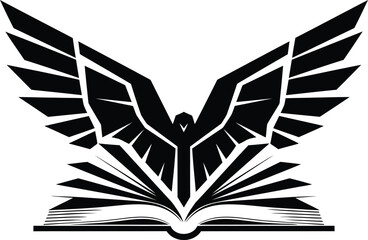 A powerful black and white vector icon of an open book with an eagle-like crest and majestic wings, a bold symbol for intellectual freedom, wisdom, and the power of knowledge.