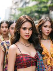 Obraz premium group of young women in vibrant outfits walking together on a city street, showcasing cultural fashion and urban lifestyle.