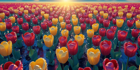 Red and Yellow Tulip Field Blooming Under Warm Sunrise Light