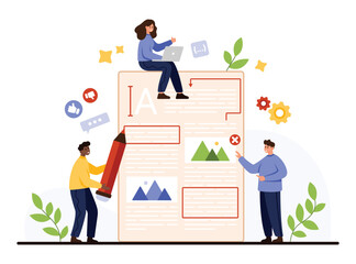 Creative team collaborating on text editing, copywriting, and content creation for digital marketing, social media, and website improvement isolated on white background vector illustration