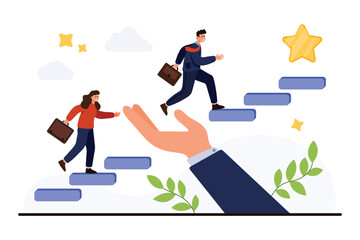 Businessman and businesswoman climbing career steps with giant hand support symbolizing employee assistance, motivation, and professional development isolated on white background vector illustration