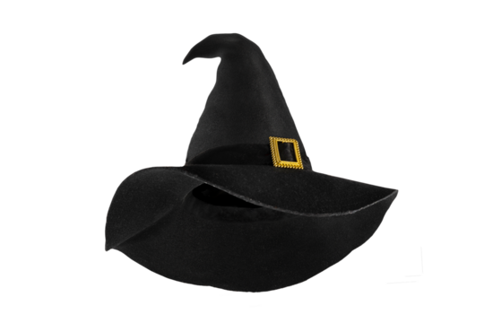Black witch conical hat on isolated transparent background. Halloween decor