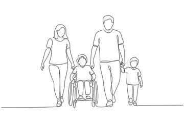 Family walking together with child in a wheelchair