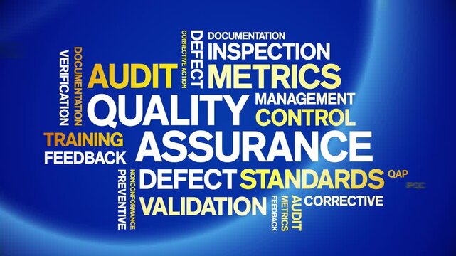 Quality Assurance animated word cloud-text design animation tag kinetic typography seamless loop.