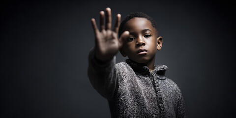 serious young black boy raising hand in stop gesture, concept of discrimination and school bullying awareness, dramatic lighting