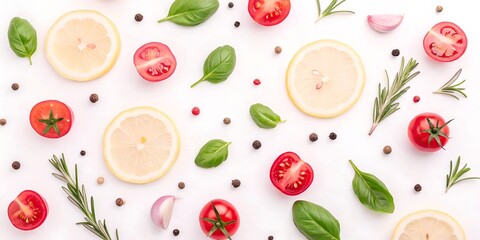 Vibrant Kitchen Still Life Featuring Fresh Produce Herbs and Spices Laid Out Flat