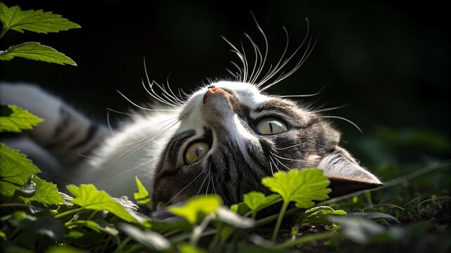 A cat lies on its back in grass looking up at something