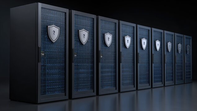 A row of dark servers with question mark shields, depicting data security and privacy concerns