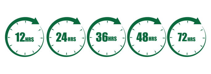 12 hours service icon vector set. 12 hours service duration sign. Vector Set of Hour Labels. 12 hours clock arrow icons, work and delivery time symbols. 12hr support sign collection