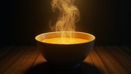 Steaming bowl of soup with aromatic vapor rising against a dark background
