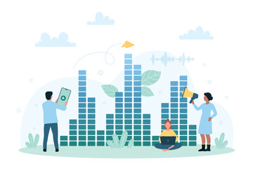 Obraz premium Studio graphic equalizer vector illustration. Cartoon tiny people record and listen radio music in audio player and mixer, engineer making digital multimedia with sound waves, phone and laptop