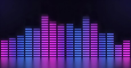 Vibrant neon equalizer graphic display with blue and purple bars on a dark background.