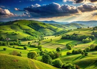 Obraz premium Rolling hills and green fields of Romania's countryside with vast sky