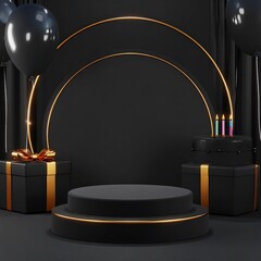 Black birthday display with gifts and cake