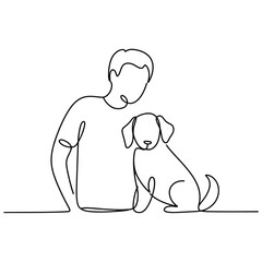 Man and dog friendship continuous line art drawing