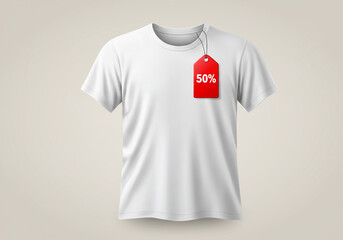 A white t shirt with a red tag hanging from the collar showing a fifty percent discount offer