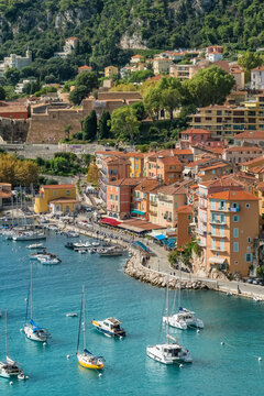 Aerial view of the Villefranche-sur-Mer near Nice, Cote d'Azur, southern France.
