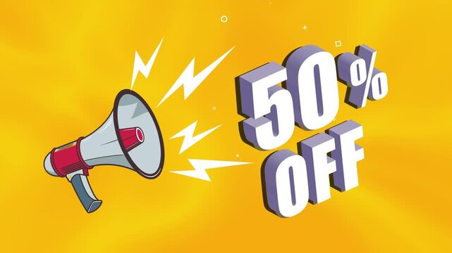 50% off sale, 50 percent off sale sign golden animation on yellow background