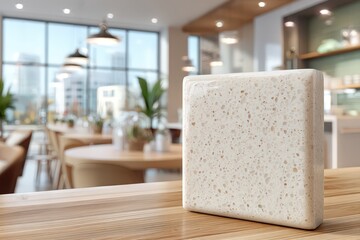 A pristine block of natural stone showcasing a unique texture illuminated by soft lighting in a modern minimalist interior creating a harmonious balance of simplicity and elegance