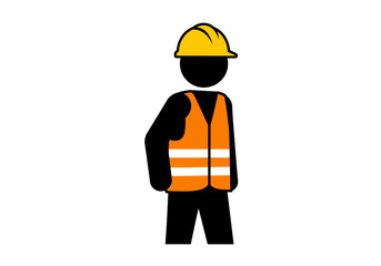 Illustration of a construction worker with yellow hard hat and orange safety vest on a white background
