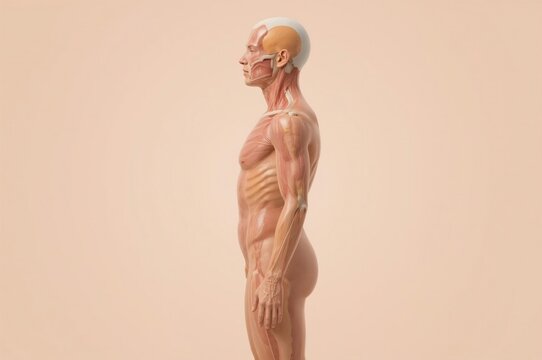 Male anatomy model, profile view, studio, peach background, medical