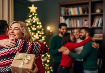 Woman hugs man holding christmas gift with friends and tree in background