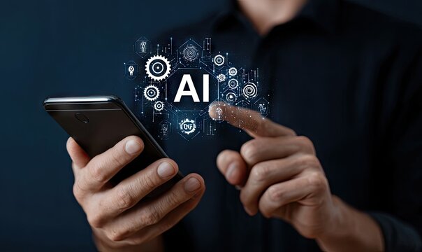 Man interacts with AI interface on smartphone - Powered by Adobe