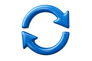 Circular refresh arrow pair in blue, isolated on transparent background, glossy refresh solid blue icon, illustration of a circular blue arrow pair with transparant background