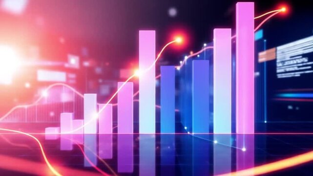 Abstract business background with animated growth charts, rising bar graphs, data visualization elements, futuristic digital interface, and glowing lines. - Powered by Adobe