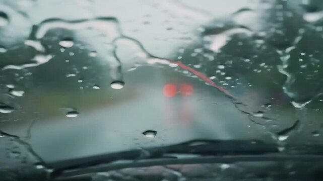 Raindrops on a car windshield with blurred lights and road visible during a rainy day drive