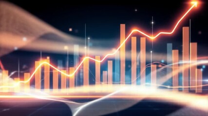 Abstract business background with animated growth charts, rising bar graphs, data visualization elements, futuristic digital interface, and glowing lines. - Powered by Adobe