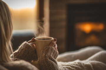 Woman holding a mug of hot coffee