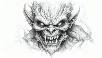 Obraz premium A detailed grayscale drawing of a monstrous, grinning face with sharp teeth and menacing eyes.