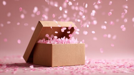 Open gift box, pink confetti falling