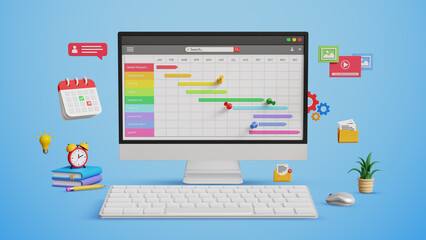 Project management, follow up progress, project work by using gantt chart. Update tasks and milestones, progress planning and scheduling.3D gantt chart dashboard with planning icons on computer