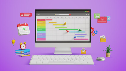 Project scheduling and task updates, milestone tracking with Gantt chart dashboard. 3D computer with planning and progress icons