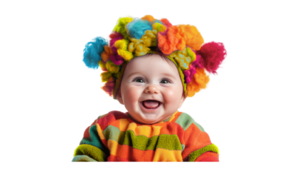Joyful Baby with Pom-pom Hat: A giggling infant captivates with a radiant smile, donning a vibrant pom-pom hat, embodying pure glee and innocent mirth.